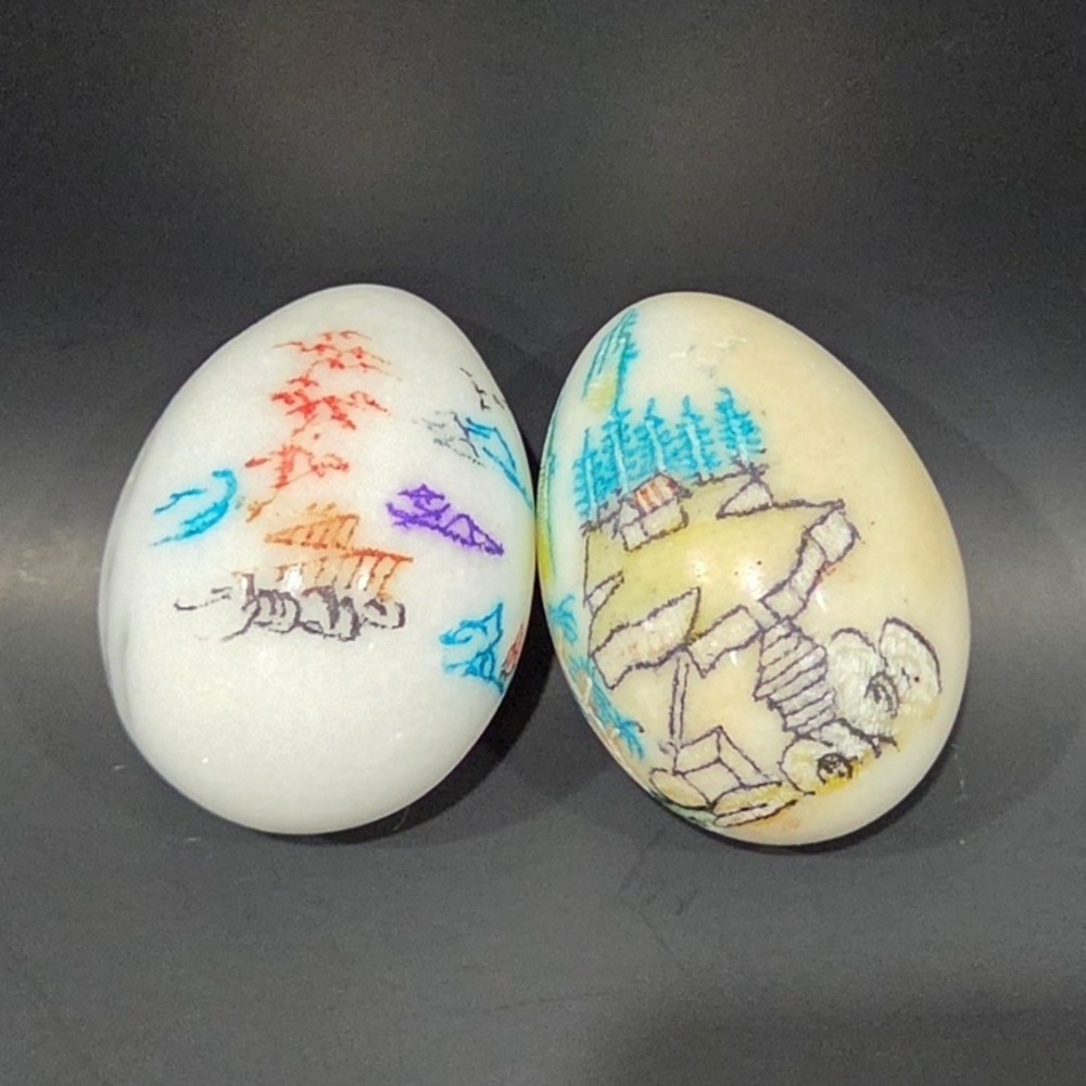 Vintage Hand Painted Marble Eggs Asian Landscape Stone Decor Set of 2 2 Inch